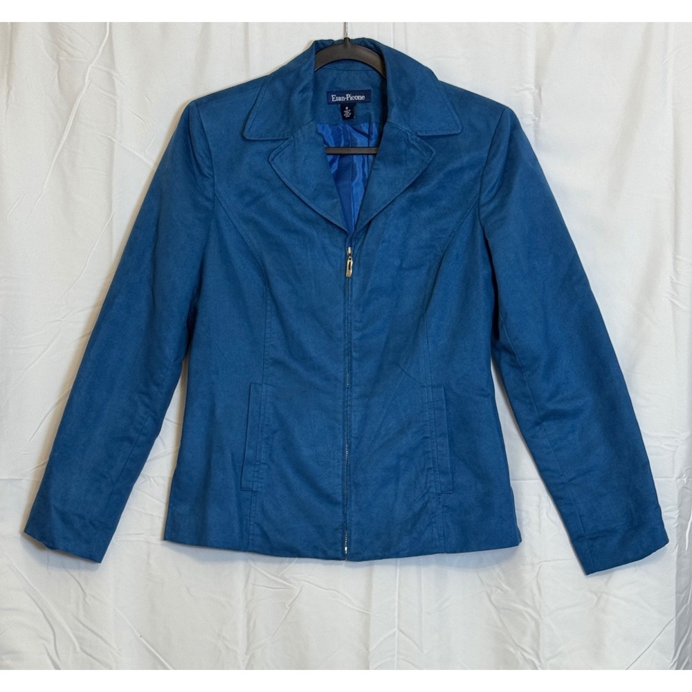 Evan Picone Teal Blue Suede-Like Blazer‎ Jacket Size 8 Zip Front Collar